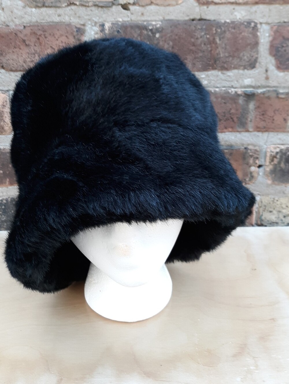 Vintage Style Black Faux Fur Bucket Hat Quilted Silk Feel Lining One Size